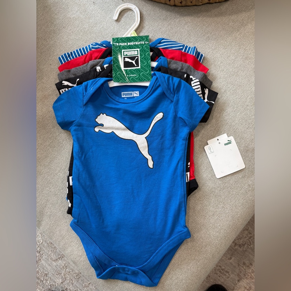 PUMA BABY BOYS' 5-PACK SPORTS BODYSUITS Blue,Grey,Red, Black Kids Bodysuit Set